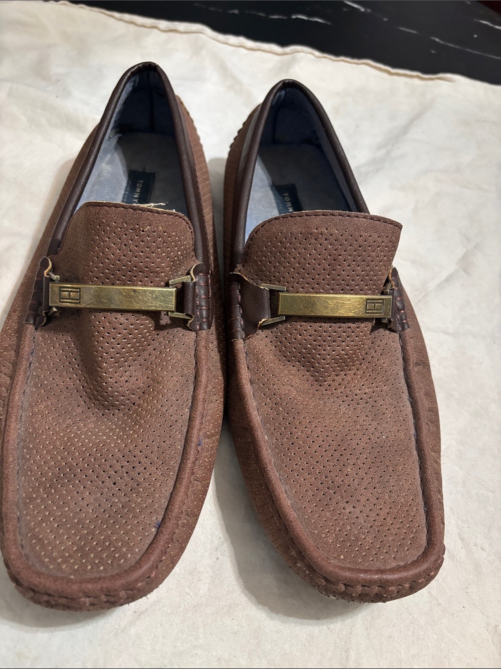 Tommy Hilfiger Brown Perforated Suede Slip-On Loafers with Brass Bar